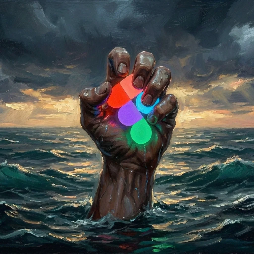 A clenched fist rises from stormy ocean waves, gripping a glowing cluster of Figma's brand colors. Square painterly oil-painting composition.