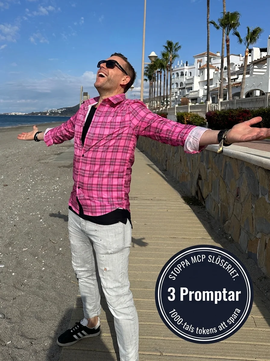 Mårten Angner på strandpromenad i rosa skjorta med armar utsträckta, badge: STOPPA MCP SLÖSERIET · 3 Promptar · 1000-tals tokens att spara